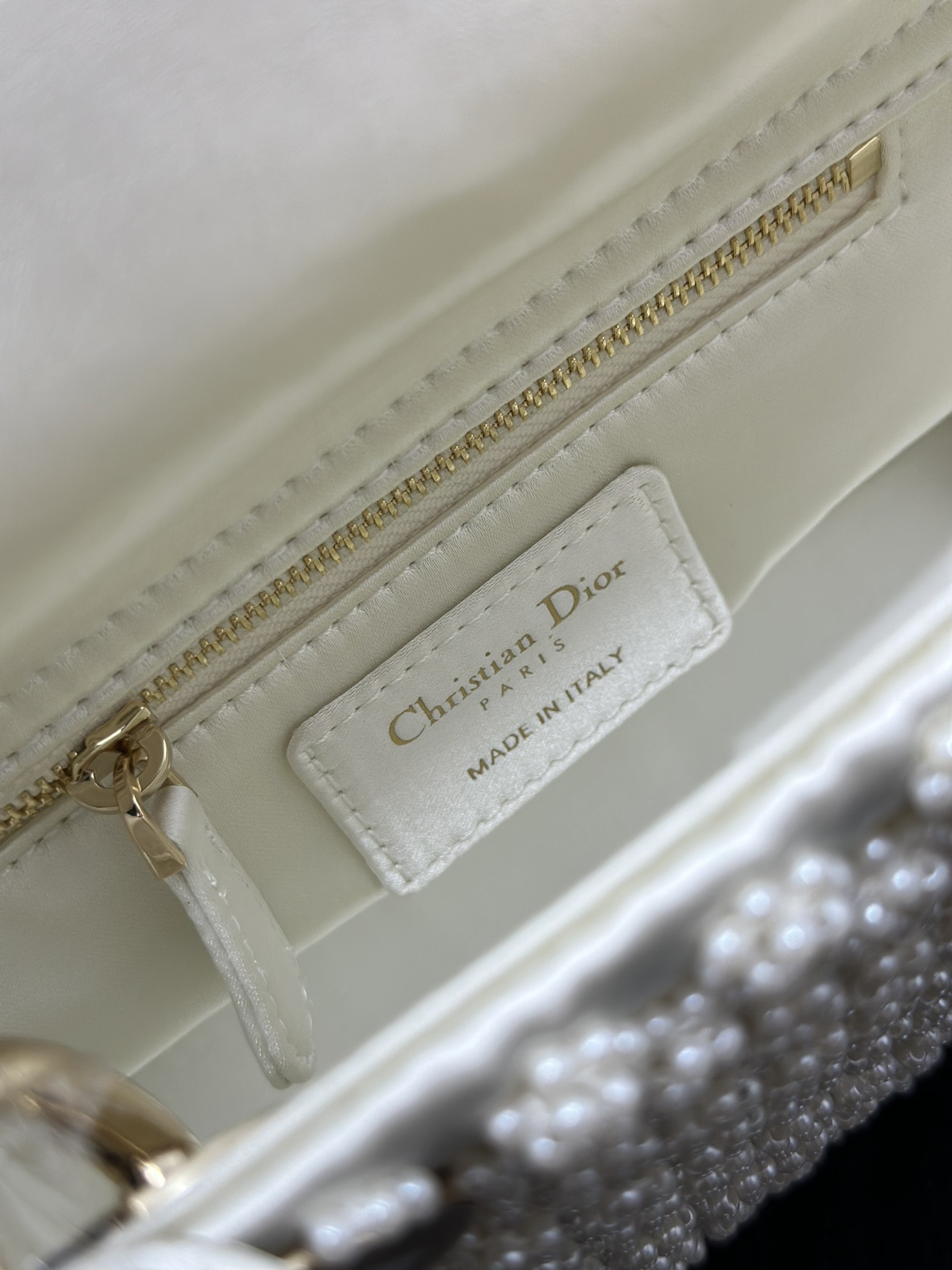 Mini Lady Dior Bag White Satin Embroidered with Pearl Flower